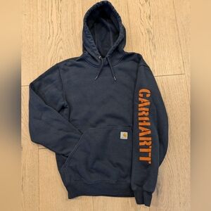 Carhartt Navy Hoodie with Bold Orange Lettering